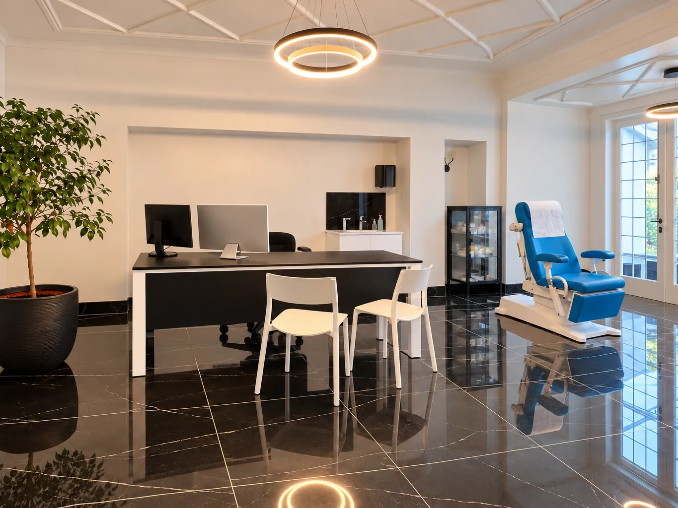 Cabinet Zen. à Anderlecht : bureau de consultation et fauteuil de soins