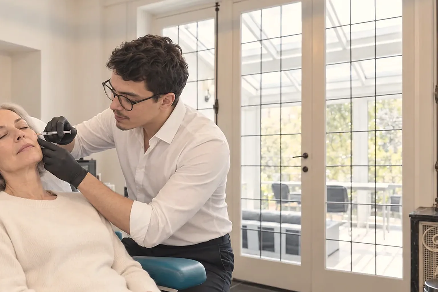 Photo d'illustration : injection d'acide hyaluronique chez une patiente aux cheveux argentés